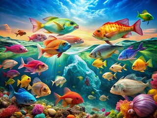 Naklejka premium Plastic Bags Among Vibrant Fish: A Portrait of Ocean Pollution and Its Devastating Impact on Marine Wildlife, Highlighting the Urgent Need for Conservation and Environmental Action