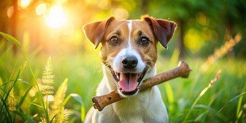 Playful Jack Russell Terrier Enjoying a Chew Toy in a Bright Outdoor Setting with Lush Greenery and Soft Natural Light for Captivating Portrait Photography