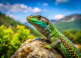 Fototapeta premium Portrait of an Alert Male Italian Wall Lizard (Podarcis siculus) in a Natural Landscape Setting, Showcasing Its Vibrant Colors and Unique Features in a Serene Environment