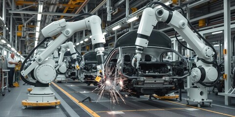 Fototapeta premium Robotic arms welding automobile parts on assembly line in car manufacturing plant, mechanical, car manufacturing