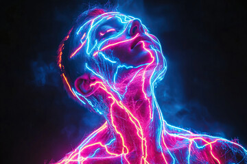 Outline of a human head permeated with neon lines of neural connections. Concept of artificial intelligence. Generated by artificial intelligence