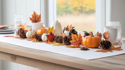 Autumn table setting with pumpkins, pinecones, and colorful leaves for a seasonal gathering