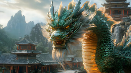 Fototapeta premium Green Dragon Illustration with Mountainous Background