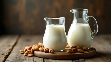 Milk in a clear jug ​​with nuts placed on a rustic table