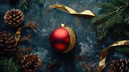 Christmas decoration with red and gold ornament surrounded by pine cones, suitable for holiday events or winter themed designs
