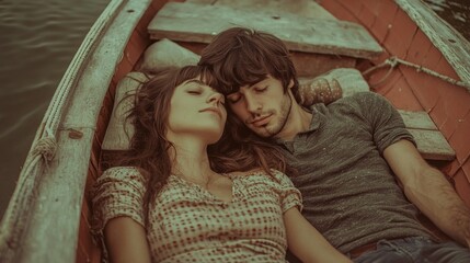 Obraz premium A couple enjoying a peaceful moment together on a calm lake, perfect for romantic getaways or outdoor escapes