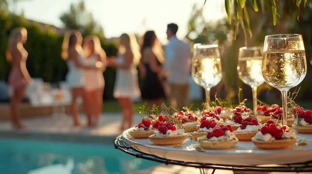 Guests enjoying a summer gathering by the pool with delicious treats and drinks during a golden hour sunset celebration - Powered by Adobe