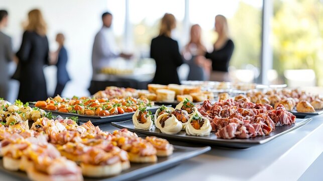 Appetizing spread of gourmet appetizers at a networking event held in a bright, modern venue during daytime
