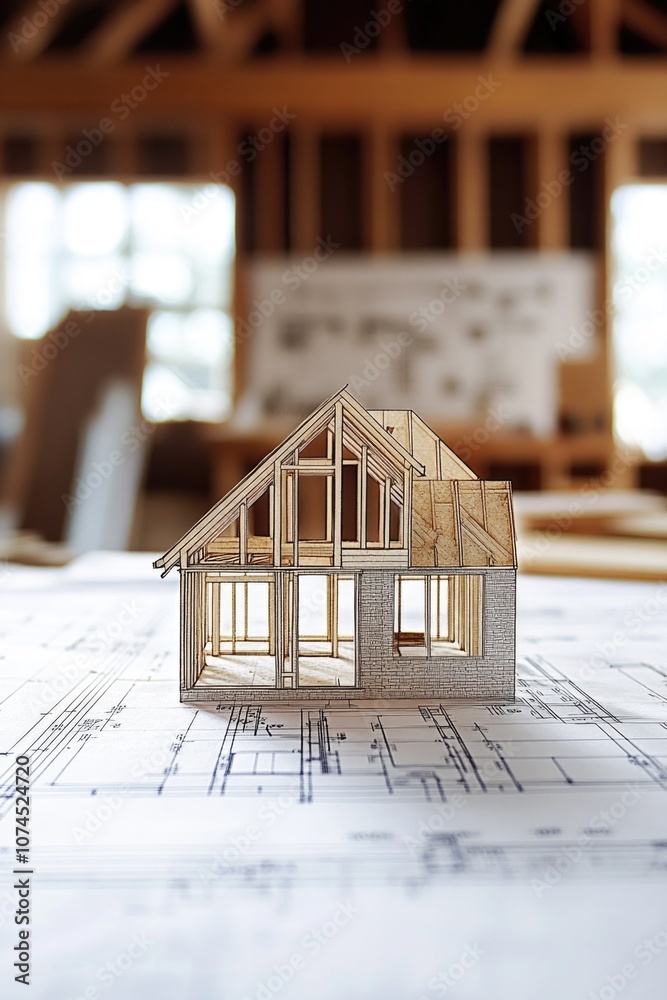 Aufkleber a model of a house sitting on a blueprints, ideal for architecture or design projects