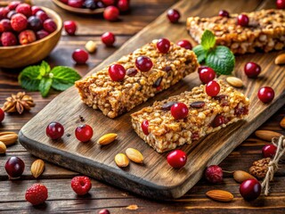 Nutritious Granola Bars with Oats and Cranberries Artfully Arranged on Wooden Board for Health Blogs and Snack Advertisements