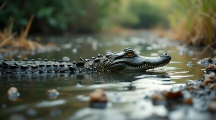 Obraz premium Crocodile swims in a polluted river. Concept of ecological disaster .