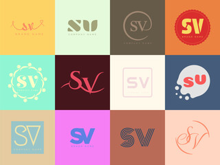 SV logo company template. Letter s and v logotype. Set different classic serif lettering and modern bold text with design elements. Initial font typography.