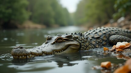 Obraz premium Crocodile swims in a polluted river. Concept of ecological disaster .
