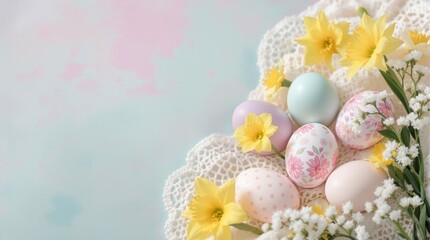 Easter illustration featuring pastel eggs and daffodils arranged on a delicate lace background