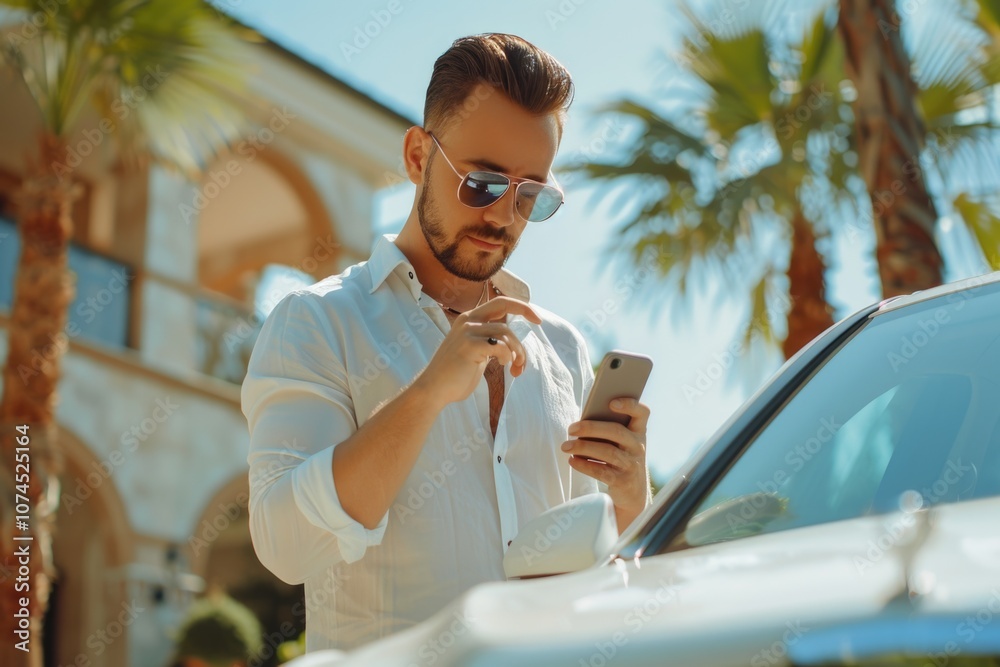 Poster a person examining their mobile device by the side of a vehicle