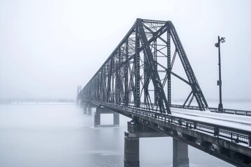 A train travels across a rickety old bridge, surrounded by thick fog