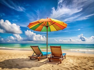 Fototapeta premium Relaxing Beach Scene with Umbrella and Lounge Chairs Perfect for Vacation Imagery and Travel Promotions with Clear Skies and Blue Ocean, Ideal for Summer Advertising and Relaxation Themes