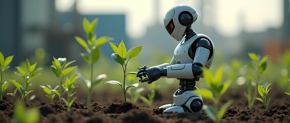 A robot plants seedlings on the ground against the backdrop of an industrial plant. Environmental protection