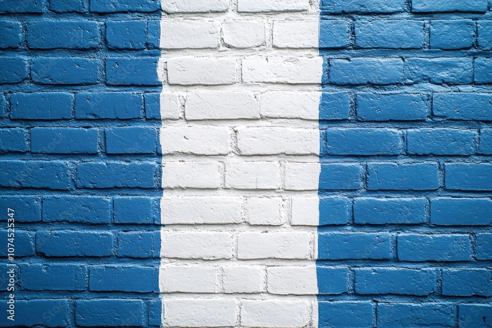 Poster a blue and white brick wall with a distinctive white stripe, suitable for use in design concepts or 