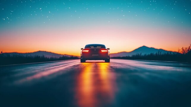 A car drives down a quiet road at sunset surrounded by distant mountains under a starry sky