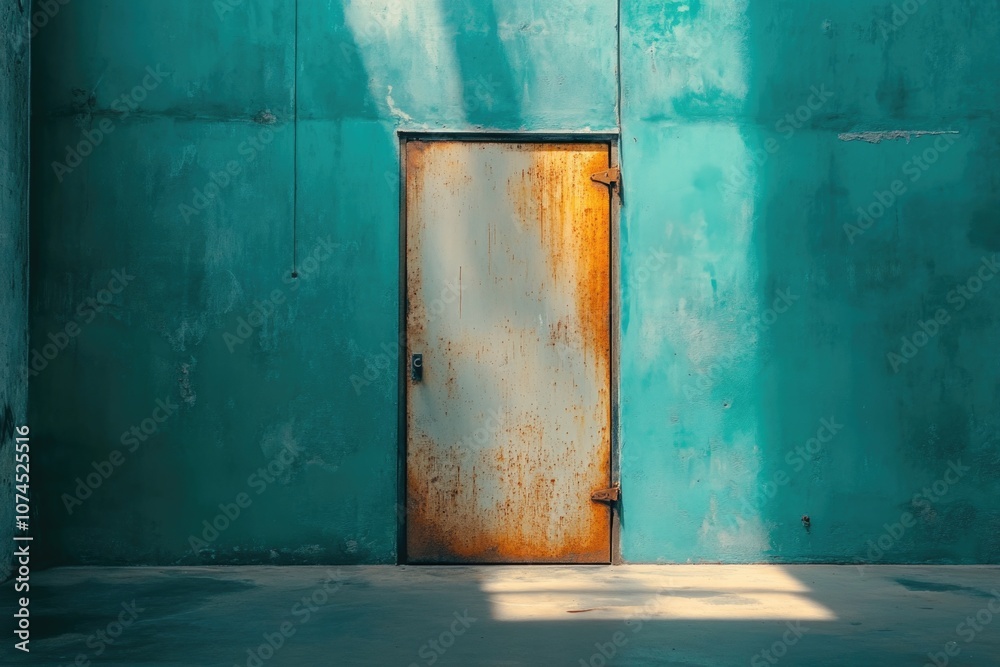 Poster a door with a blue wall and a shadow on it, perfect for use in interior design or architectural sett
