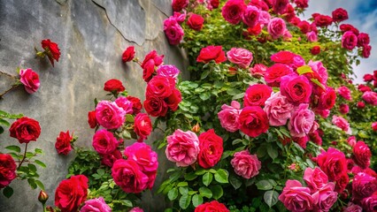 Obraz premium Rose Bush Flourishing Against a Gray Wall, Showcasing Nature's Beauty Amidst Urban Backdrops, Perfect for Conceptual Photography and Garden Inspiration