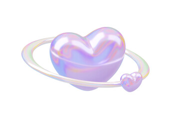 3D holo planetary heart with rings and heart satellite. Galaxy love planet, romantic futuristic shape with chrome elements. Shiny metallic love retro concept. Vector illustration on white background