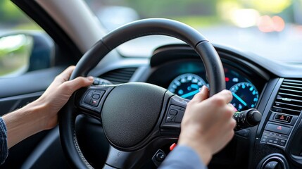 A close-up view of hands gripping the steering wheel while driving through a city street in the early evening