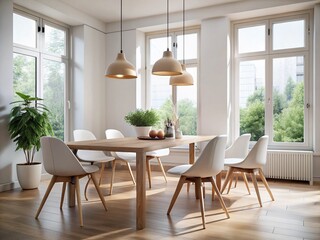 Scandinavian-Inspired Dining Area Featuring a Wooden Table, White Chairs, Minimalist Pendant Lighting, and Large Windows Against Neutral Walls for Modern Interior Design