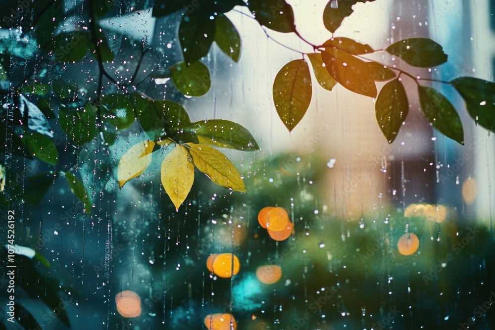 Poster A close-up shot of a rain-soaked window with leaves and lights in the background, perfect for use in autumn-themed designs or as a creative element in nature-inspired projects