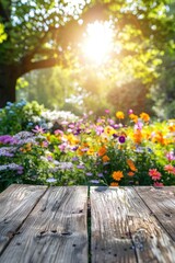 A wooden table set against a vibrant field of flowers, perfect for outdoor events or rustic settings