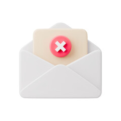 3D white mail with cancel icon. Realistic envelope with paper sheet and red cross sign. Unapproved document, rejected letter symbol. Concept cancel, deleted or unsubscribe message vector illustration