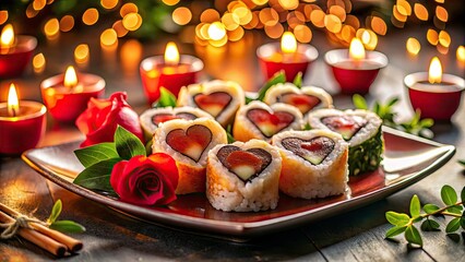 Romantic Valentineâ€™s Day Heart-Shaped Sushi Rolls Set with Bokeh Effect for a Special Dinner Celebration