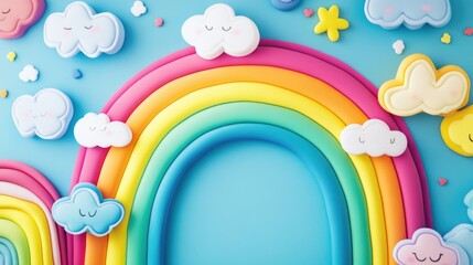 A colorful rainbow stretches across a cloudy night sky with stars shining bright
