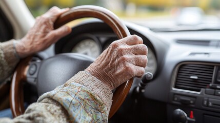 Elderly person driving a car on a sunny day, showcasing focused hands on the steering wheel in a suburban area