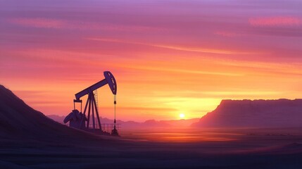Naklejka premium A oil pump standing alone in the desert at sunset, ideal for use in a scene of isolation or industrial landscape