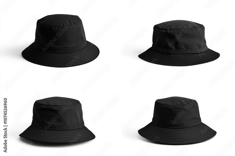 Poster four black bucket hats placed neatly on a white background