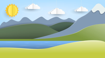 Obraz premium A breathtaking scenic landscape featuring a bright sun, majestic mountains, and tranquil water
