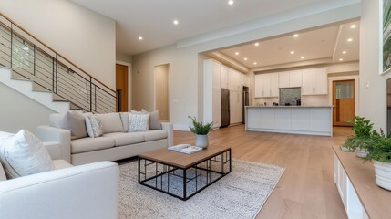 Fototapeta premium Modern living room featuring a cozy sofa, wooden flooring, and an open kitchen, illuminated by bright lighting and complemented by indoor plants.