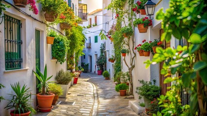Fototapeta premium Serene Mediterranean Alley Surrounded by White Houses and Lush Greenery â€“ Enchanting Bokeh Effect for a Dreamy Atmosphere
