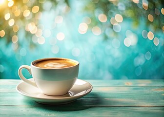 Obraz premium Serene Morning Coffee - A Frothy Cup on a Turquoise Table with Soft Leaf Shadows for Minimalist Decor and Relaxation Themes