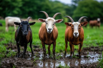 Group of Goats in Green Pasture, Farm Animals Displaying Curious Expressions in Natural Setting