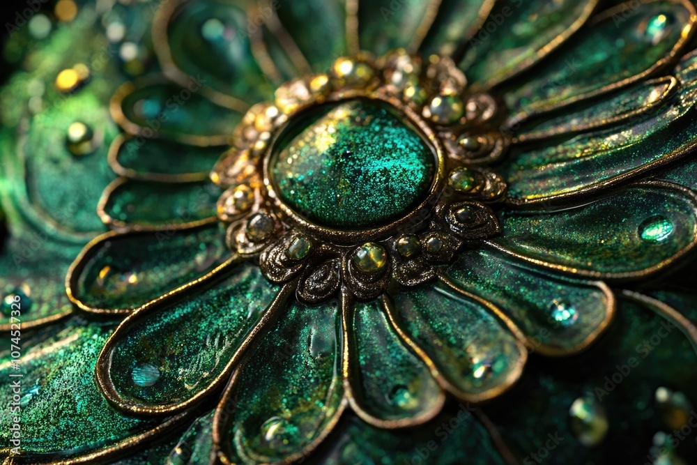 Poster a close-up view of a small, detailed green broochle sitting on a table