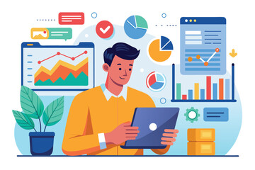 Fototapeta premium A man is focused on analyzing infographics and bar charts using a tablet in an office setting Man using tablet to analyze infographics and bar chart report.