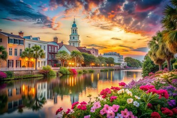 Fototapeta premium Serene Charleston Watercolor Portraits Capturing the Charm of Southern Architecture and Vibrant Colors in an Elegant Artistic Style for a Tranquil Visual Experience