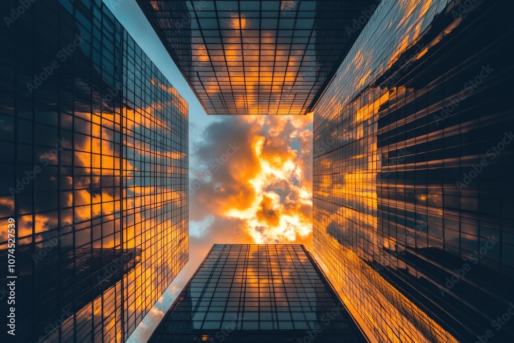 Poster a towering skyscraper rises from the clouds, its peak shrouded in mist