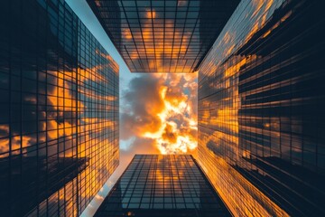 A towering skyscraper rises from the clouds, its peak shrouded in mist