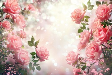 Obraz premium A heart-shaped frame made of pink roses against a blurred bokeh background, perfect for romantic and love-themed designs