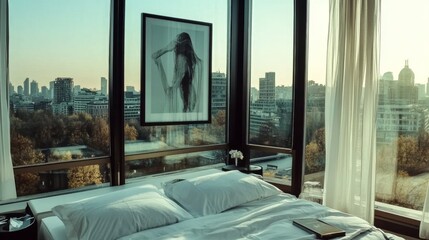 Minimalist Hotel Room with City View: A sleek, minimalist hotel room featuring a floor-to-ceiling window showcasing a breathtaking cityscape. Modern hotel room interior. 