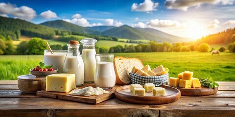 Fototapeta premium Serene Dairy Products on a Wooden Table in a Pastoral Landscape with Grazing Cows, Perfect for a Healthy Breakfast Setting in a Lush Green Environment